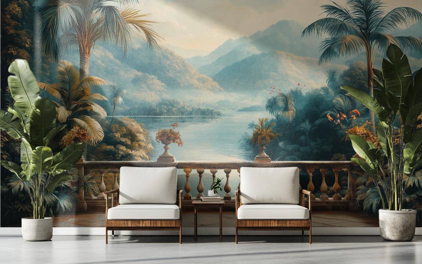 Grand Tropical Landscape Vintage Floral Wallpaper – lifestyle view, Golden Era Walls