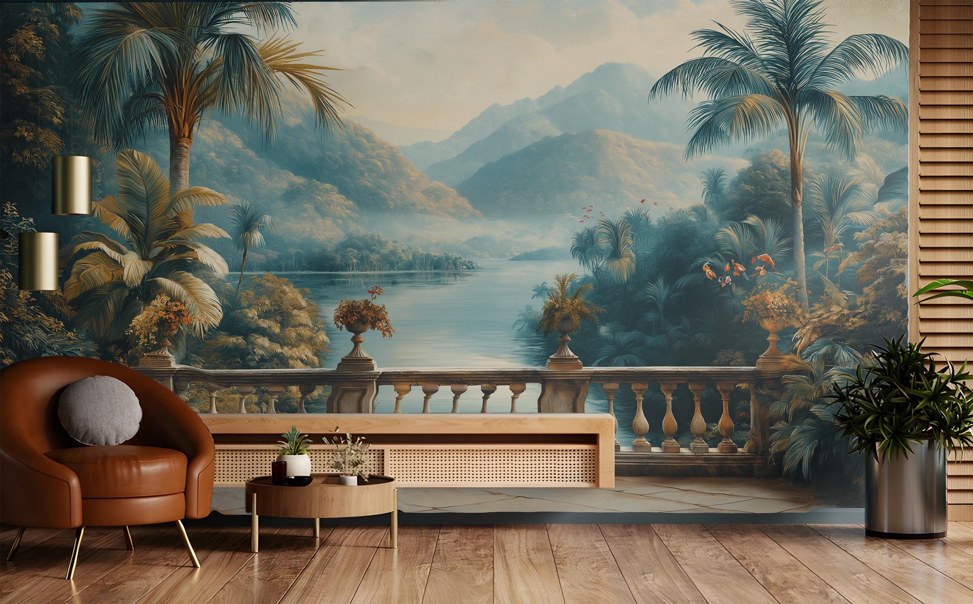 Grand Tropical Landscape Vintage Floral Wallpaper – detail view, Golden Era Walls