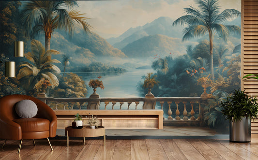 Grand Tropical Landscape Vintage Floral Wallpaper – detail view, Golden Era Walls