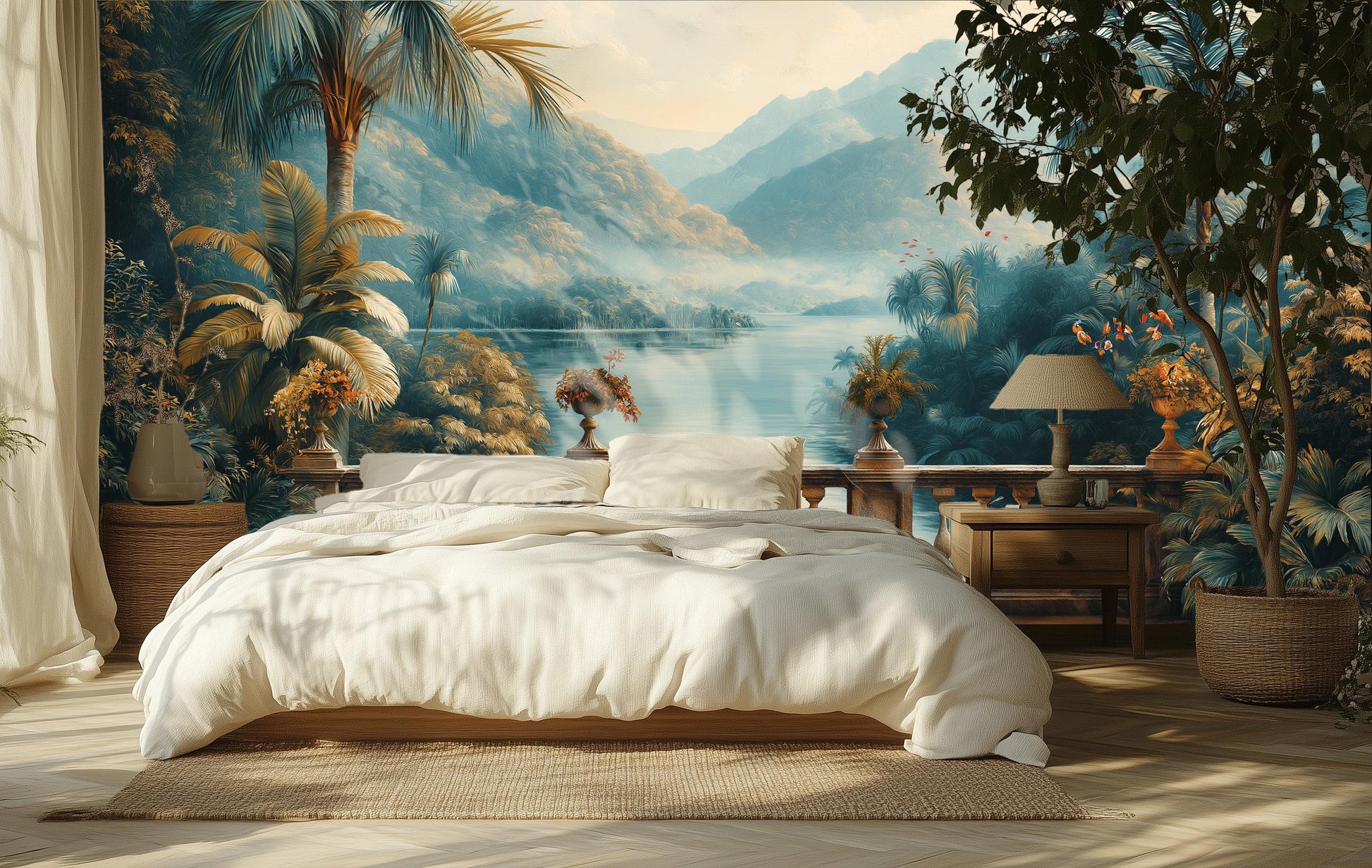 Grand Tropical Landscape Vintage Floral Wallpaper – scale reference, Golden Era Walls