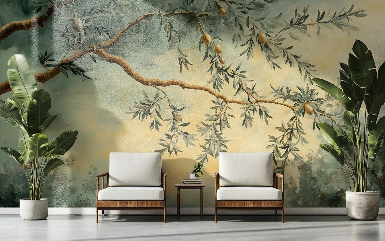 Hand Painted Olive Branch Floral Wallpaper – peel and stick wallpaper mural, Golden Era Walls