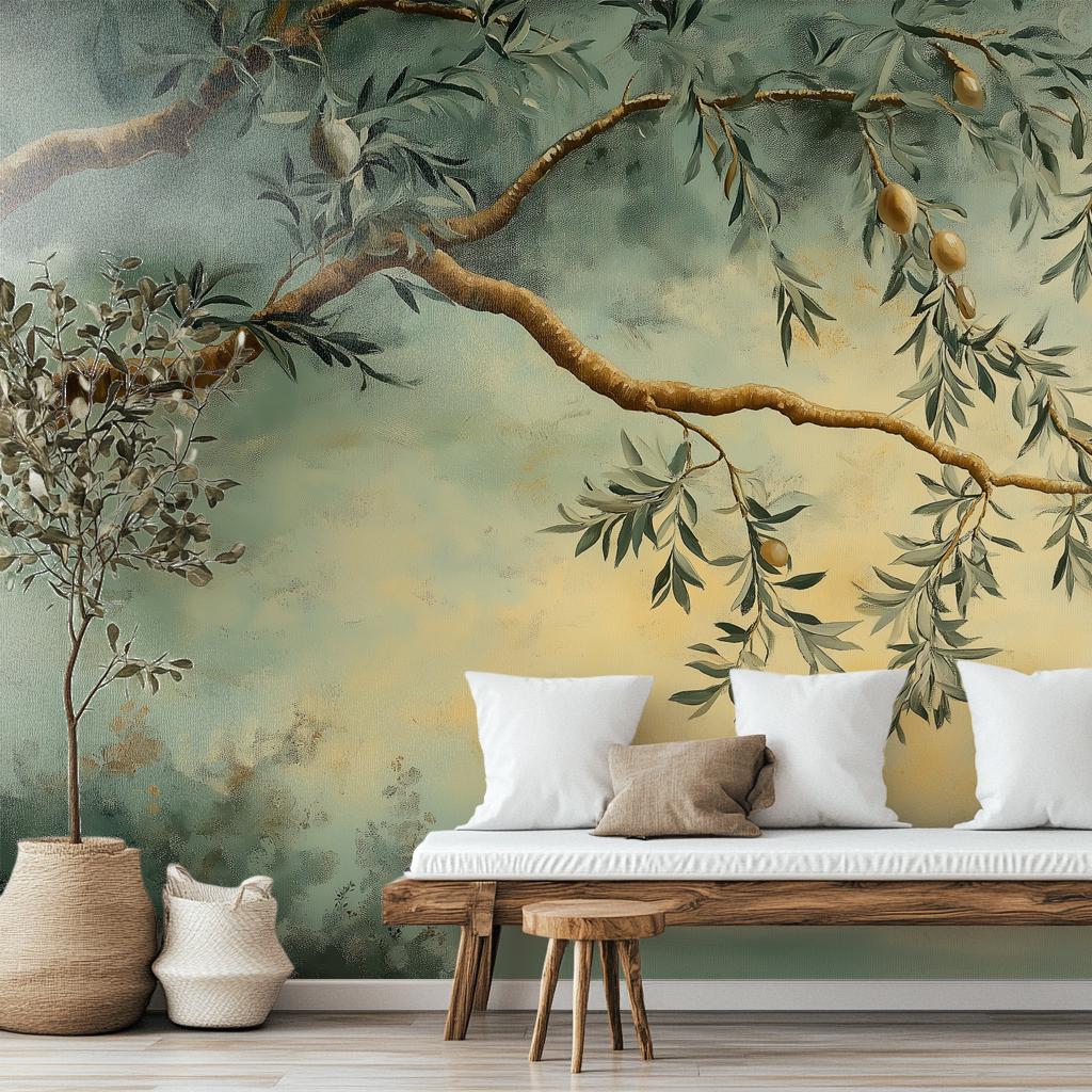 Hand Painted Olive Branch Floral Wallpaper – scale reference, Golden Era Walls