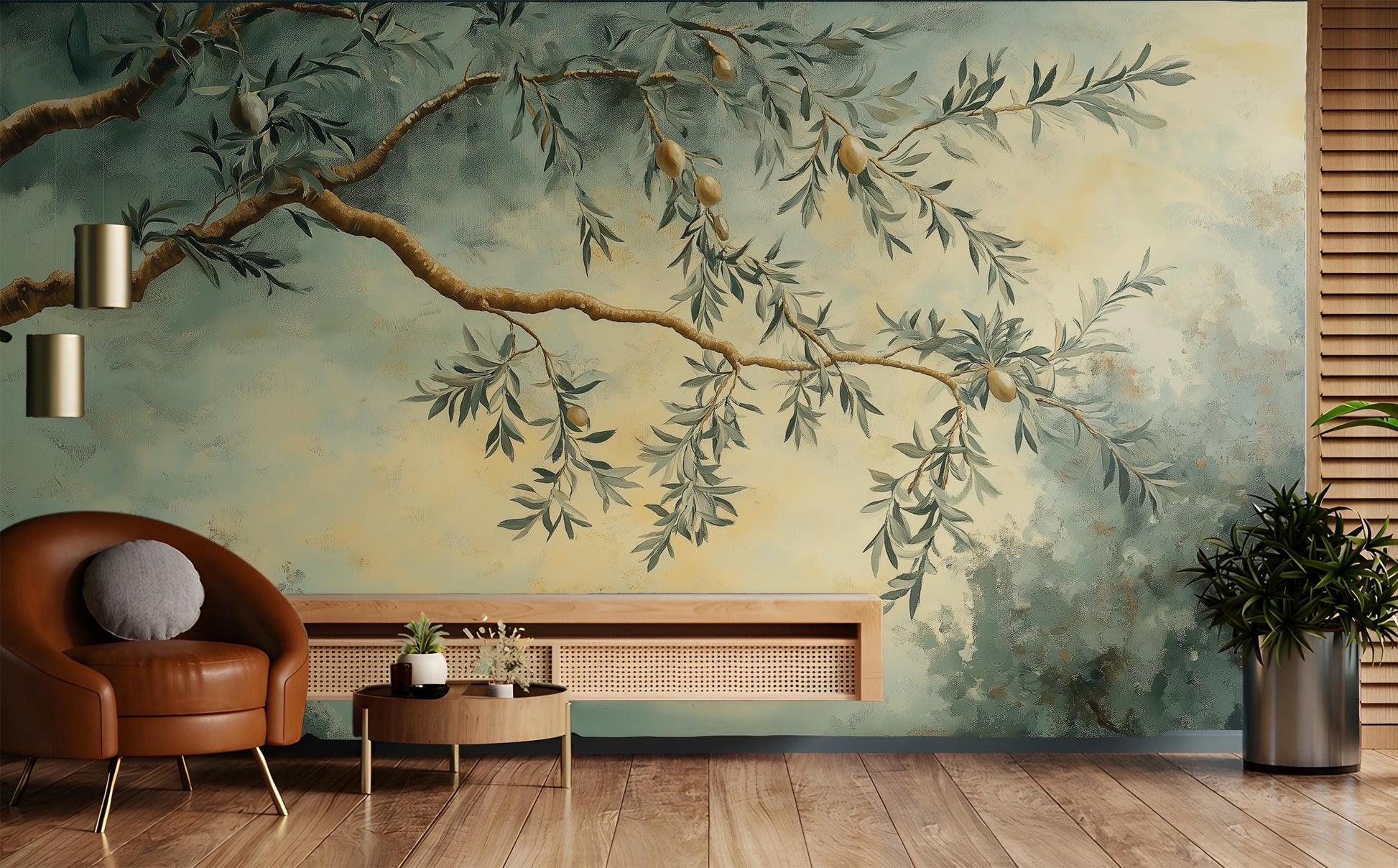 Hand Painted Olive Branch Floral Wallpaper – lifestyle view, Golden Era Walls