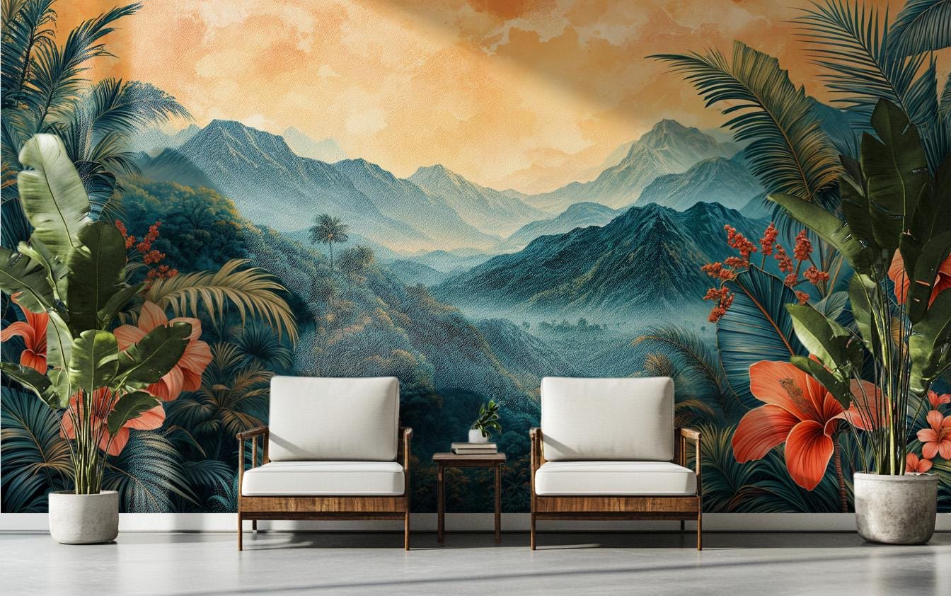 Hawaiian Paradise Renter Friendly Floral Wallpaper – detail view, Golden Era Walls