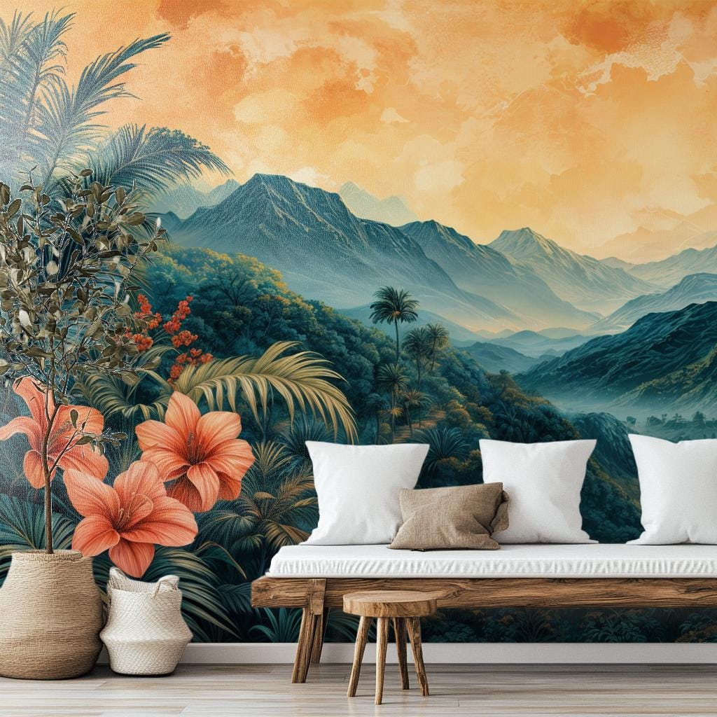 Hawaiian Paradise Renter Friendly Floral Wallpaper – lifestyle view, Golden Era Walls