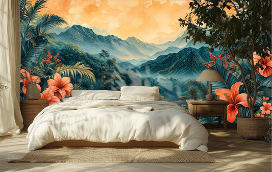 Hawaiian Paradise Renter Friendly Floral Wallpaper – room setting, Golden Era Walls