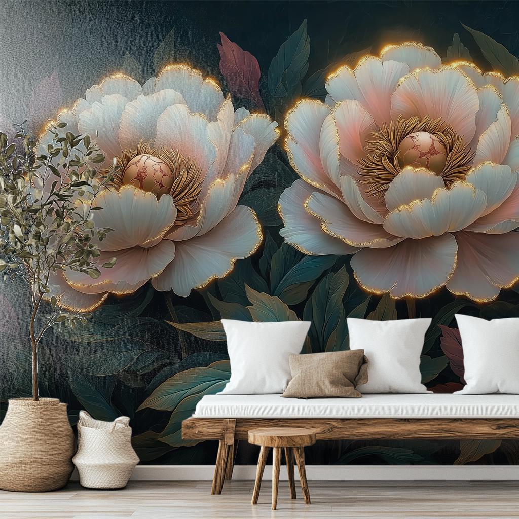 Hyper Realistic Peony Blossom Floral Wallpaper – lifestyle view, Golden Era Walls