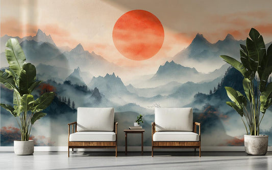 Japanese Sunrise Art Misty Wallpaper – peel and stick wallpaper mural, Golden Era Walls