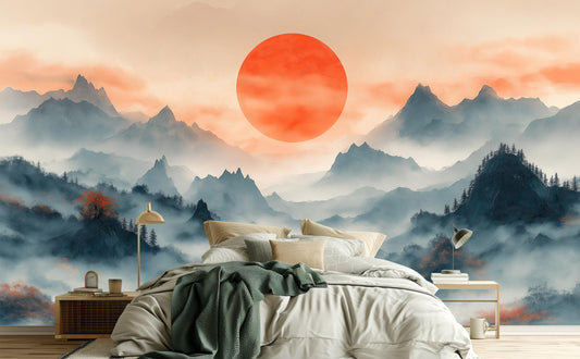 Japanese Sunrise Art Misty Wallpaper – detail view, Golden Era Walls