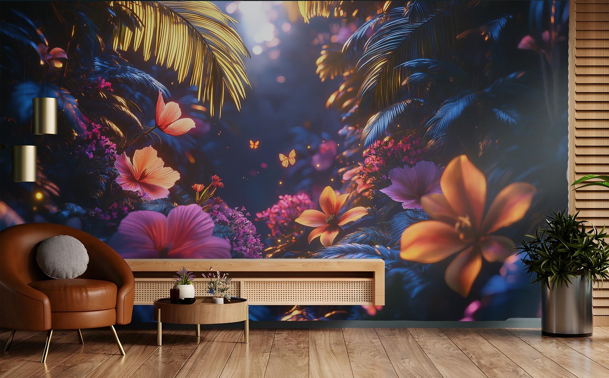 Luminous Exotic Garden Vibrant Floral Wallpaper – scale reference, Golden Era Walls