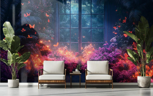Luminous Tropical Flowers Butterflies Floral Wallpaper – detail view, Golden Era Walls