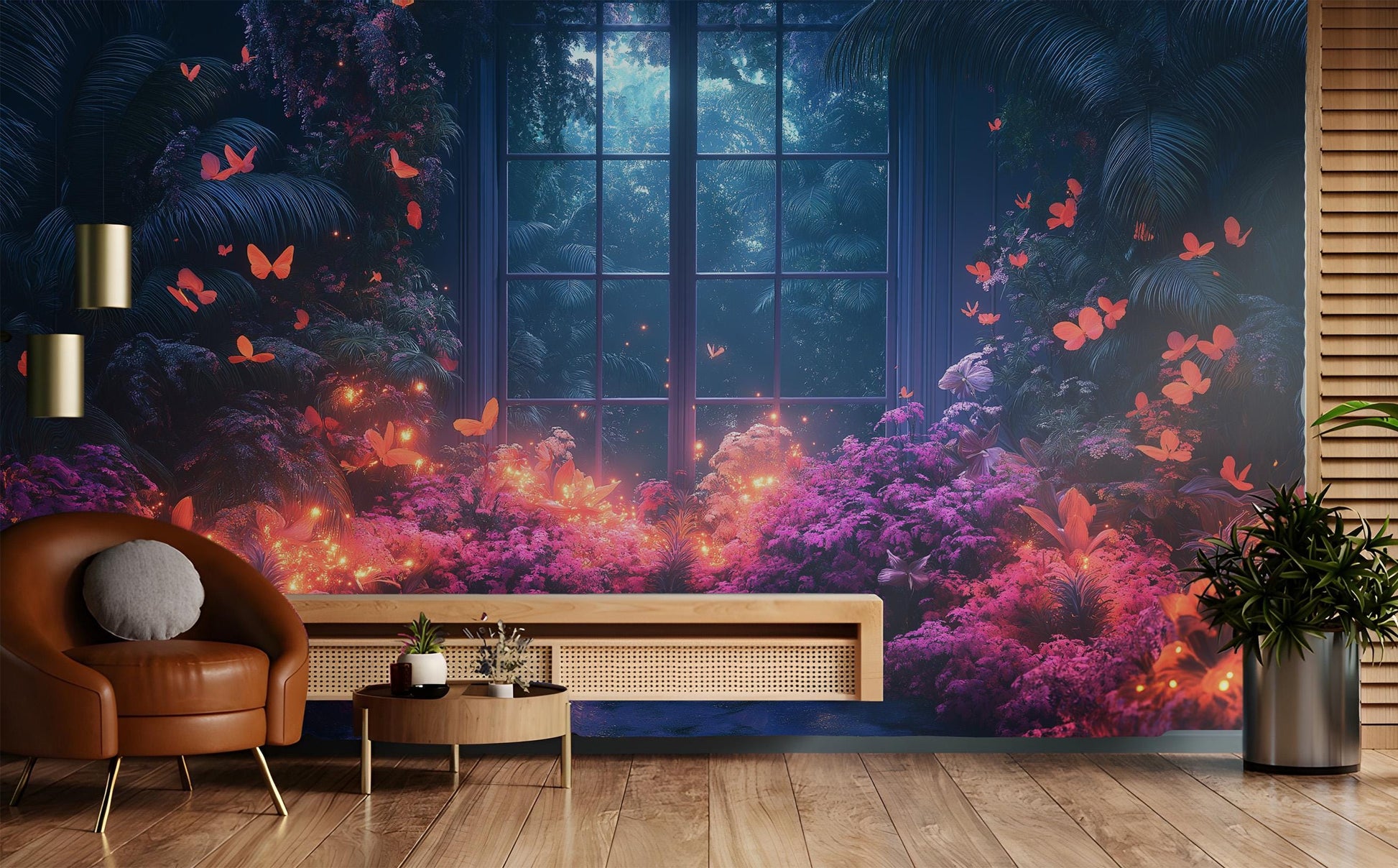 Luminous Tropical Flowers Butterflies Floral Wallpaper – room setting, Golden Era Walls