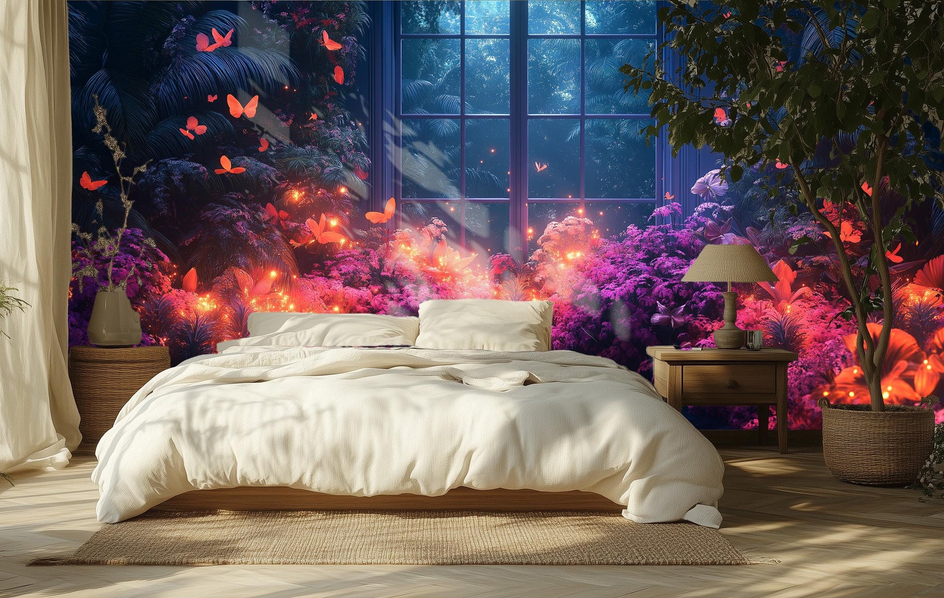 Luminous Tropical Flowers Butterflies Floral Wallpaper – scale reference, Golden Era Walls