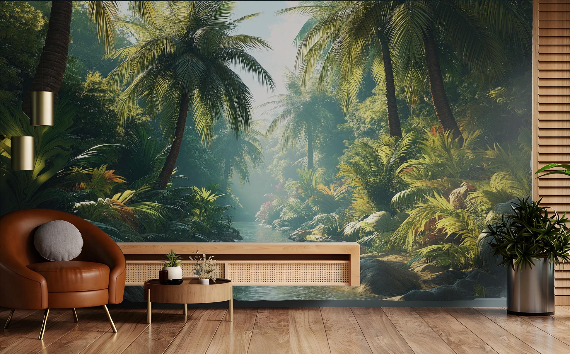 Lush Palm Jungle or Floral Wallpaper – room setting, Golden Era Walls