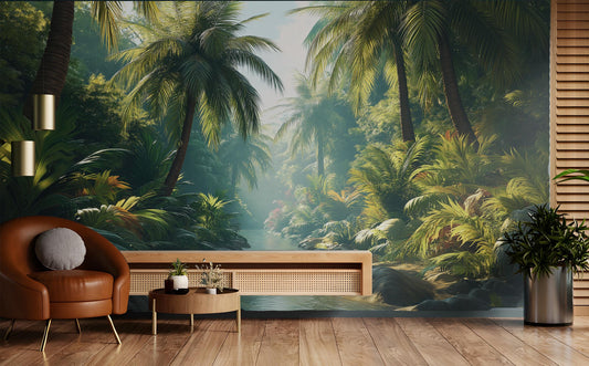 Lush Palm Jungle or Floral Wallpaper – room setting, Golden Era Walls