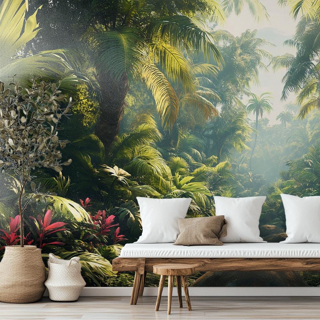 Lush Tropical Jungle Print Floral Wallpaper – lifestyle view, Golden Era Walls
