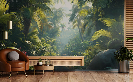 Lush Tropical Jungle Print Floral Wallpaper – room setting, Golden Era Walls