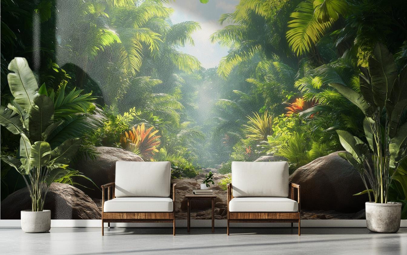 Lush Tropical Jungle Art Floral Wallpaper – peel and stick wallpaper mural, Golden Era Walls