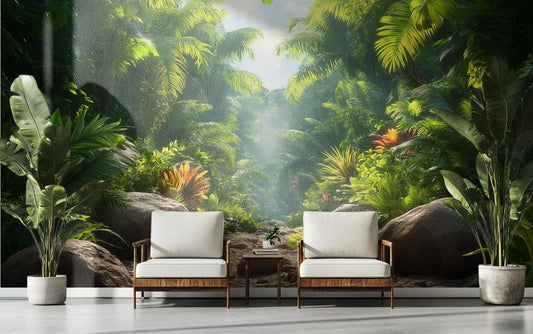 Lush Tropical Jungle Art Floral Wallpaper – peel and stick wallpaper mural, Golden Era Walls