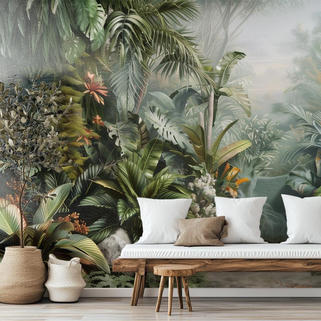 Lush Tropical Jungle Exotic Floral Wallpaper – scale reference, Golden Era Walls
