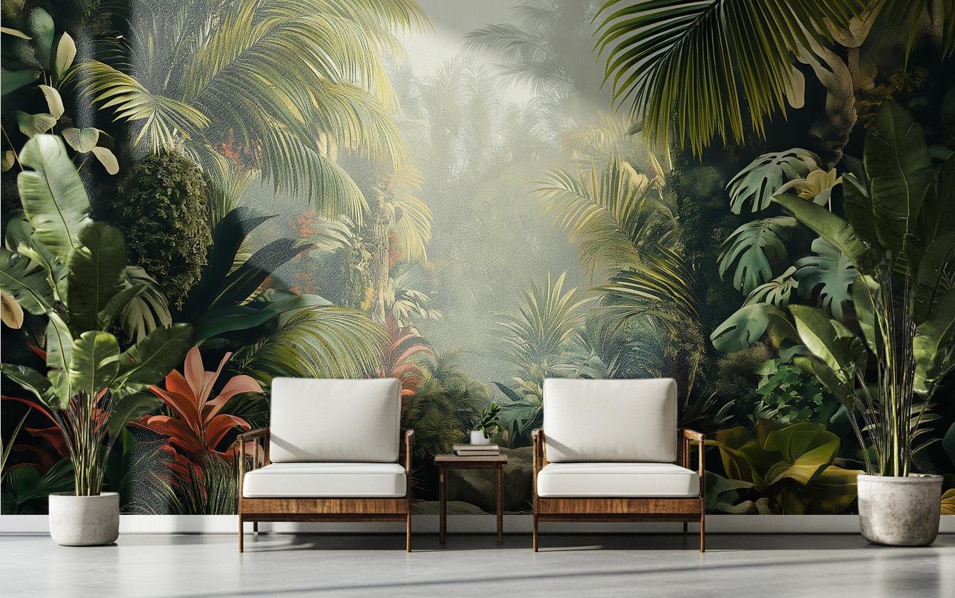 Lush Tropical Jungle Misty Floral Wallpaper – scale reference, Golden Era Walls