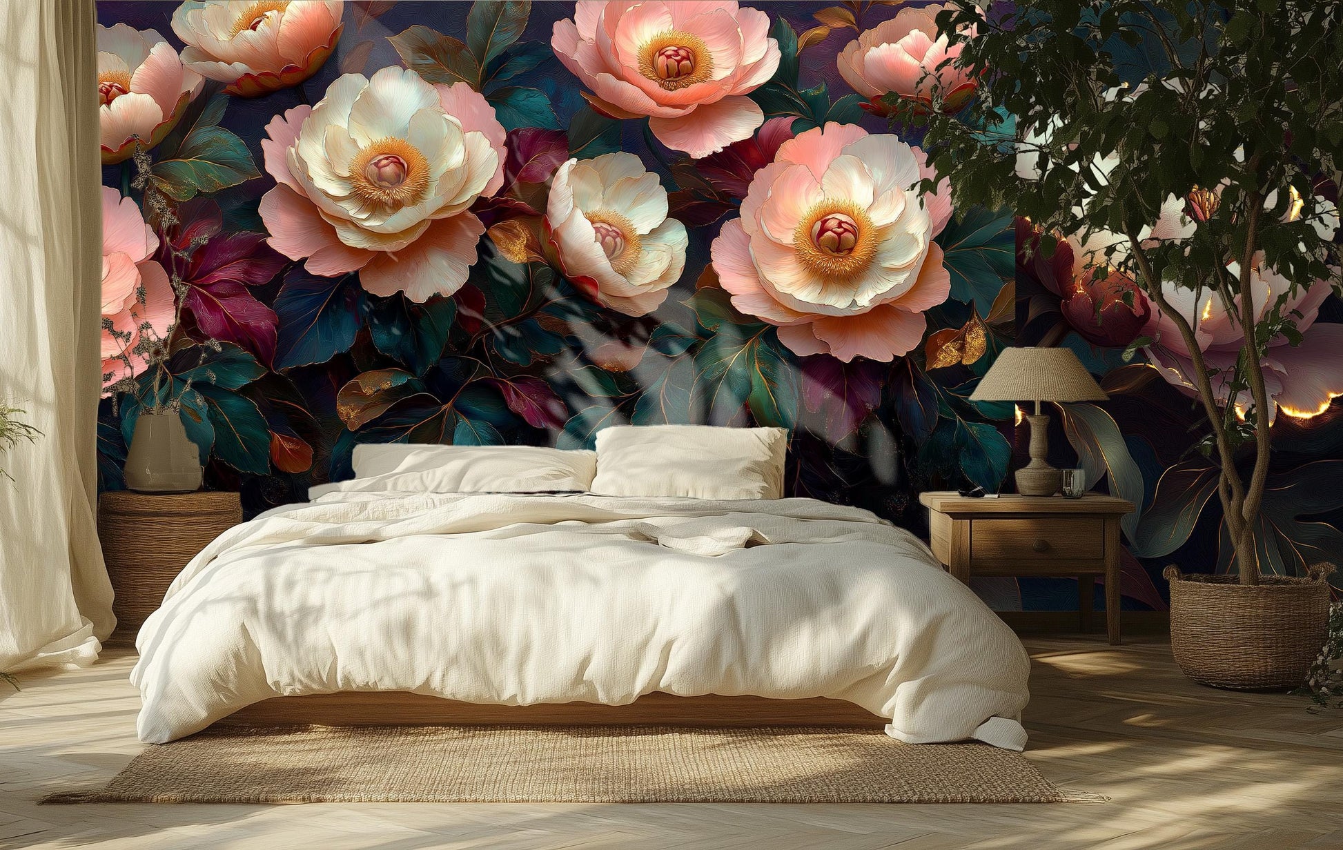 Luxurious 3D Floral Hyper Floral Wallpaper – lifestyle view, Golden Era Walls