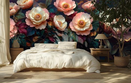 Luxurious 3D Floral Hyper Floral Wallpaper – lifestyle view, Golden Era Walls