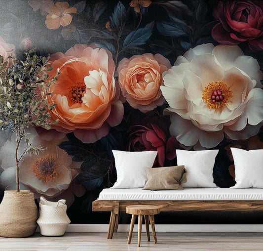 Luxurious Vintage Rose Gothic Floral Wallpaper – room setting, Golden Era Walls