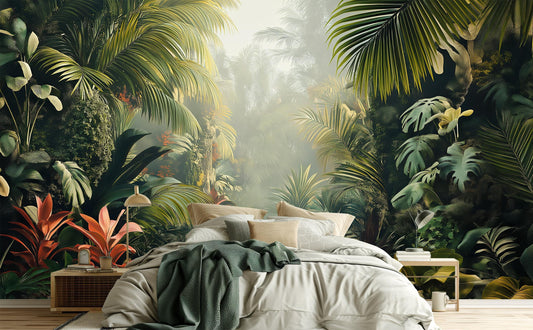 Lush Tropical Jungle Misty Floral Wallpaper – peel and stick wallpaper mural, Golden Era Walls