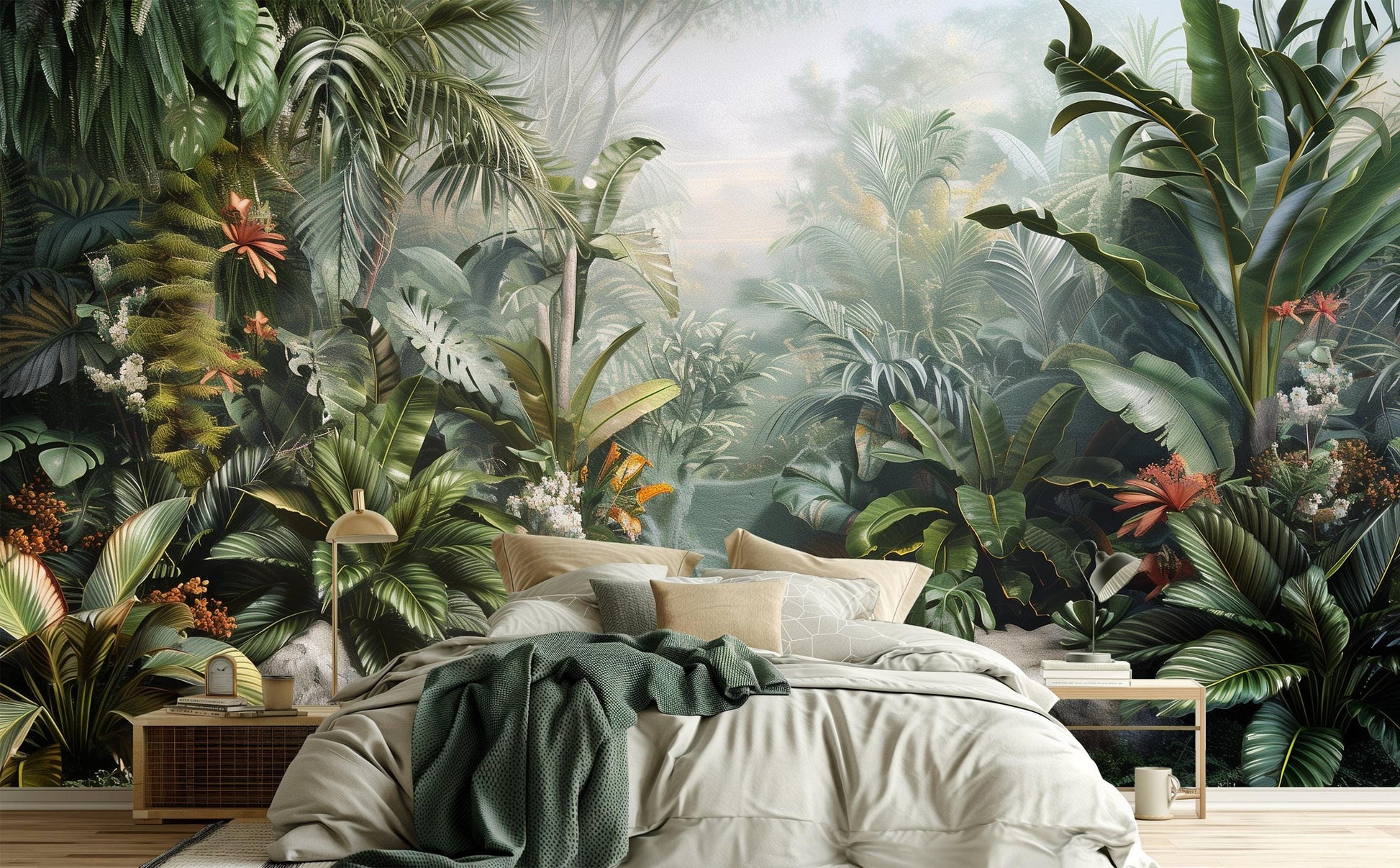 Lush Tropical Jungle Exotic Floral Wallpaper – peel and stick wallpaper mural, Golden Era Walls