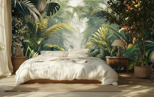 Lush Tropical Jungle Exotic Floral Wallpaper – room setting, Golden Era Walls