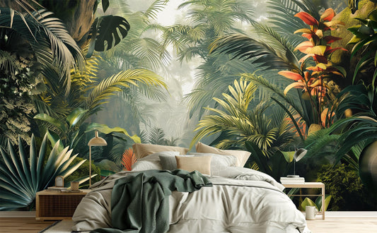 Lush Tropical Jungle Exotic Floral Wallpaper – peel and stick wallpaper mural, Golden Era Walls