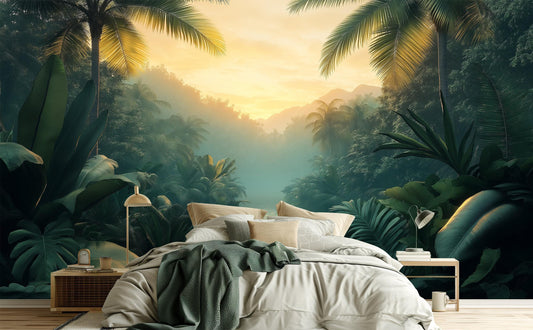 Golden Hour Rainforest Exotic Tropical Wallpaper – peel and stick wallpaper mural, Golden Era Walls