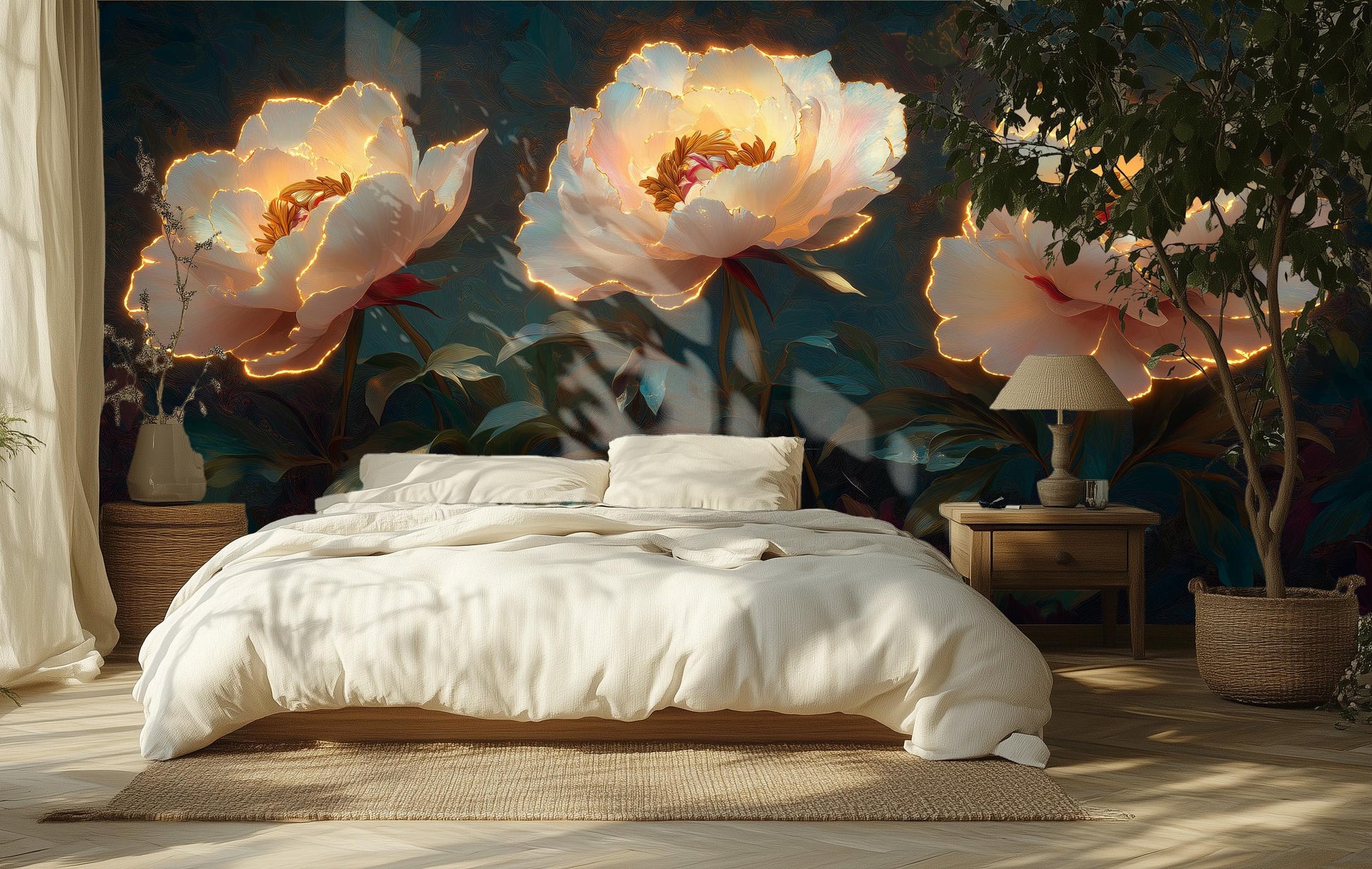 Glowing Peony Luxurious 3D Floral Wallpaper – peel and stick wallpaper mural, Golden Era Walls