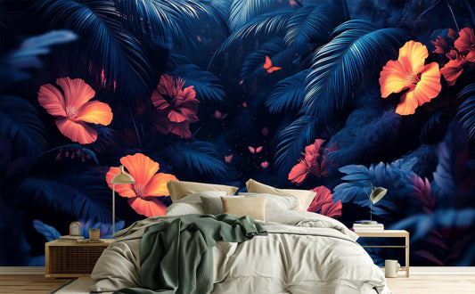 Glowing Rainforest Bioluminescent Floral Floral Wallpaper – lifestyle view, Golden Era Walls