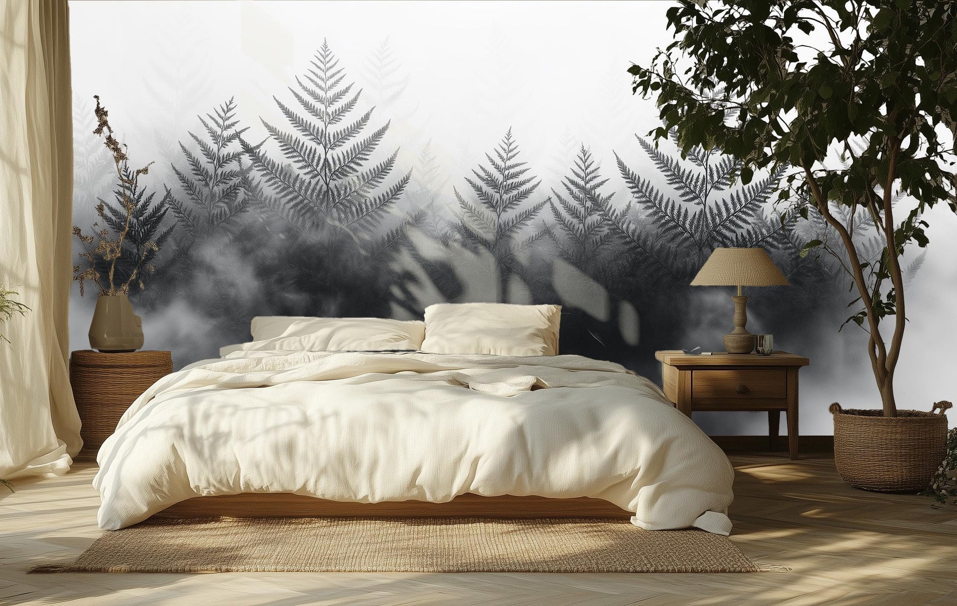 Foggy Fern Renter Friendly Floral Wallpaper – room setting, Golden Era Walls