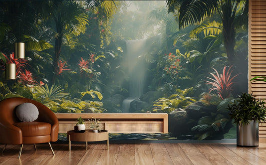 Exotic Waterfall Self Adhesive Tropical Wallpaper – peel and stick wallpaper mural, Golden Era Walls
