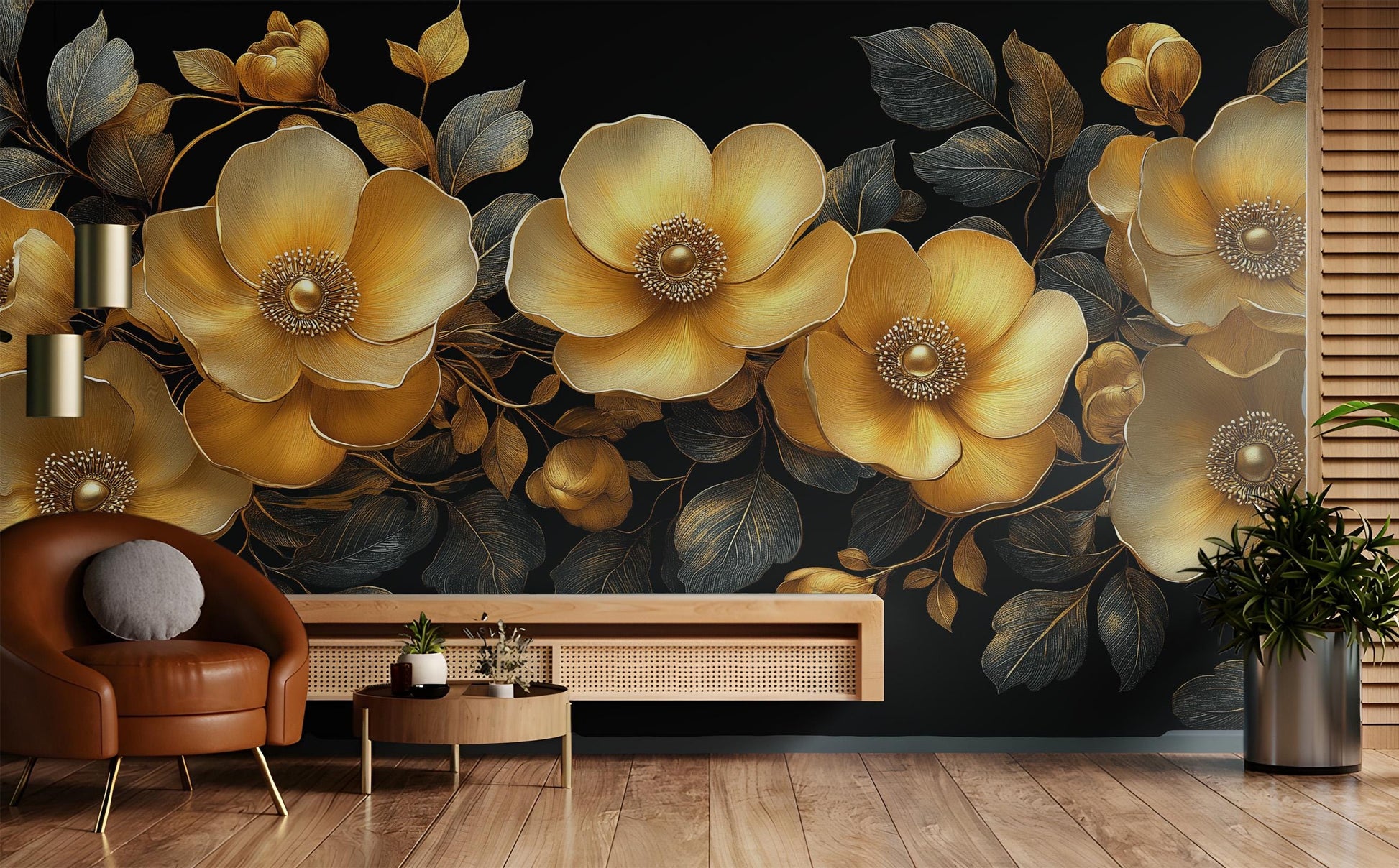 Elegant Gold Floral Art Floral Wallpaper – peel and stick wallpaper mural, Golden Era Walls