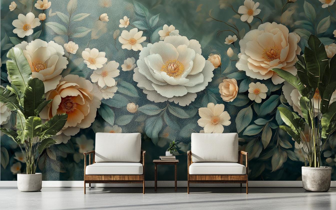 Elegant Cream Gold Flower Floral Wallpaper – peel and stick wallpaper mural, Golden Era Walls