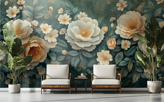Elegant Cream Gold Flower Floral Wallpaper – peel and stick wallpaper mural, Golden Era Walls