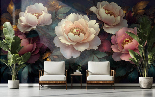 Elegant 3D Peony Gold Floral Wallpaper – peel and stick wallpaper mural, Golden Era Walls