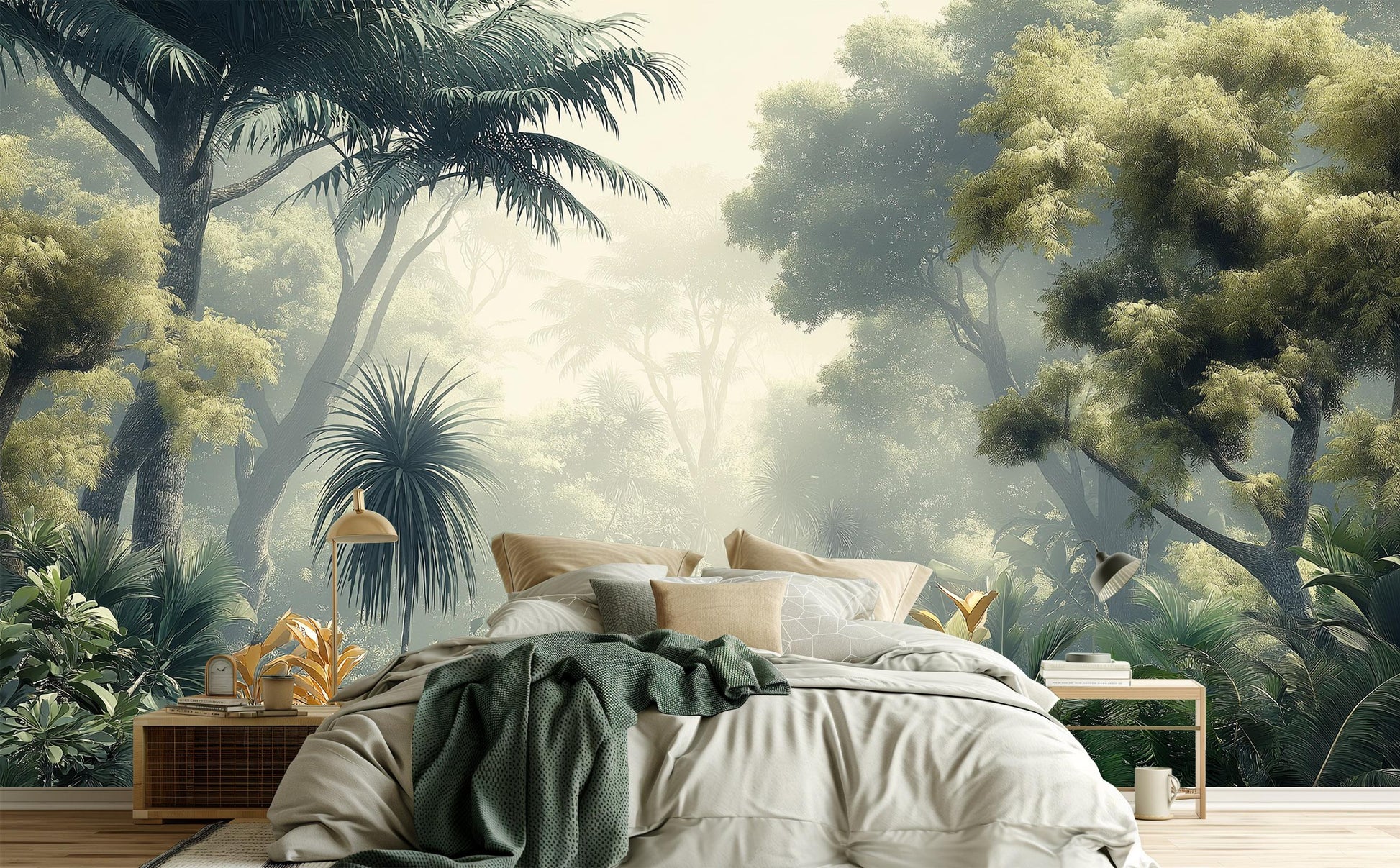 Dreamy Misty Jungle Foggy Floral Wallpaper – room setting, Golden Era Walls