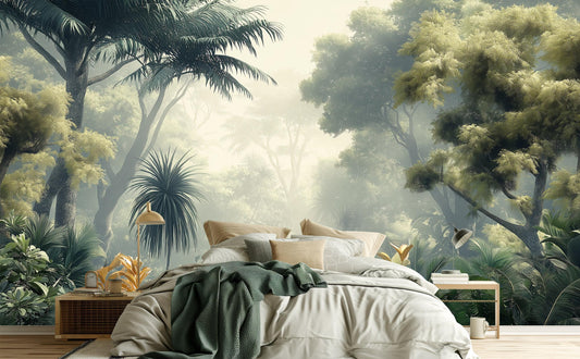 Dreamy Misty Jungle Foggy Floral Wallpaper – room setting, Golden Era Walls