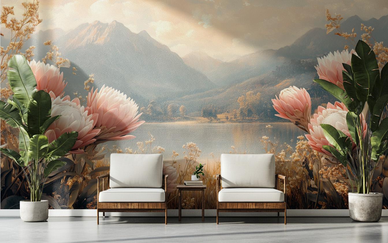 Botanical Landscape Hand Painted Floral Wallpaper – room setting, Golden Era Walls