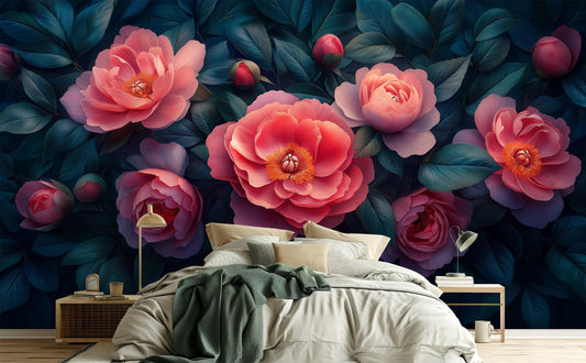 Dark Floral Peony Renter Floral Wallpaper – lifestyle view, Golden Era Walls