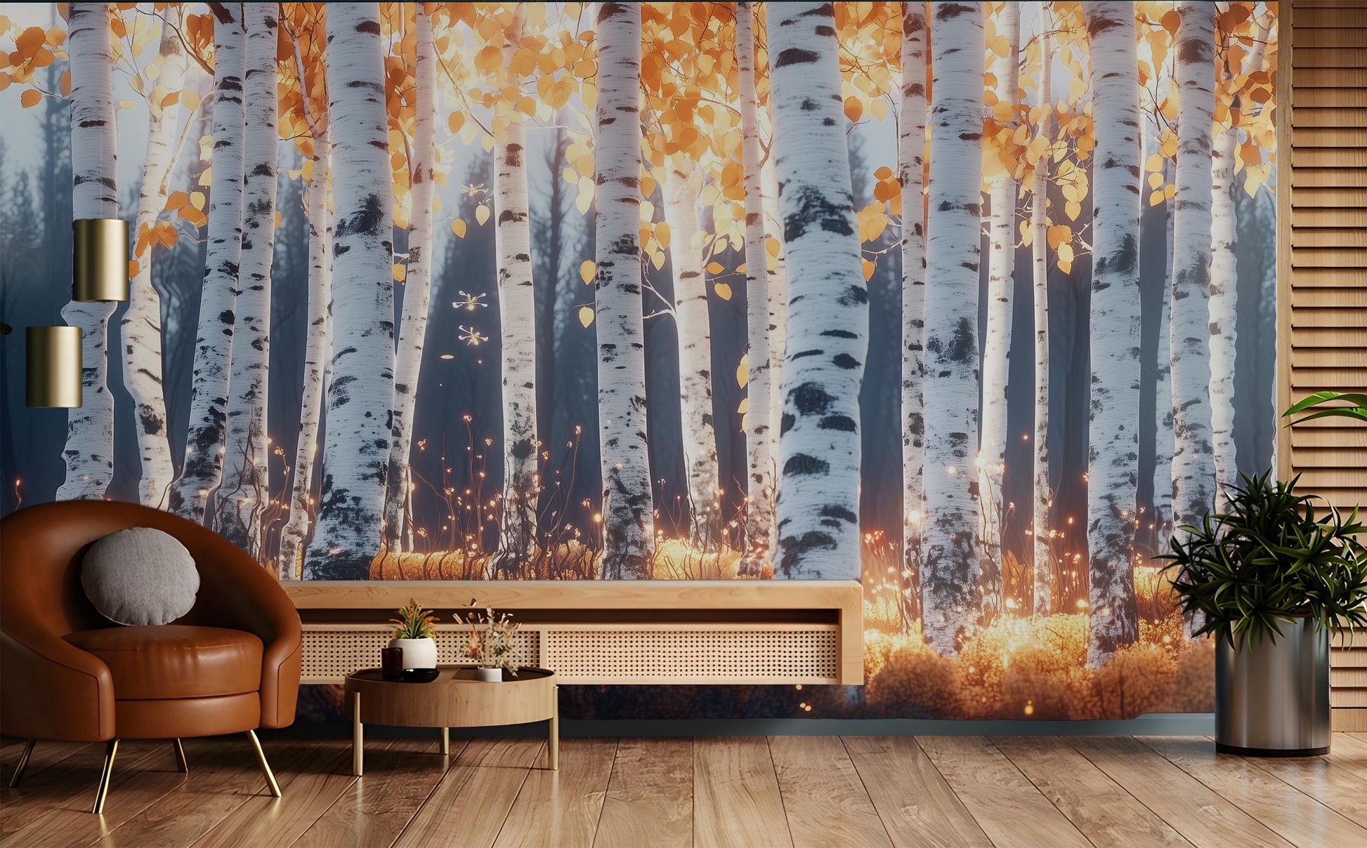 Golden Birch Forest Renter Coastal Wallpaper – peel and stick wallpaper mural, Golden Era Walls