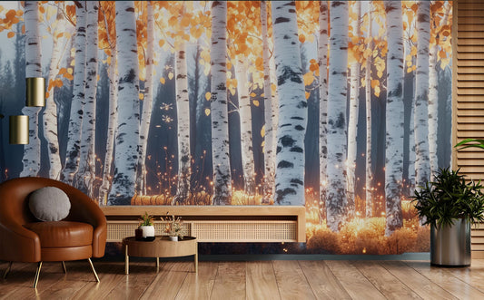 Golden Birch Forest Renter Coastal Wallpaper – peel and stick wallpaper mural, Golden Era Walls