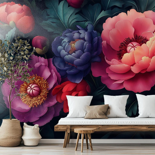 Elegant Dark Floral Romantic Floral Wallpaper – room setting, Golden Era Walls