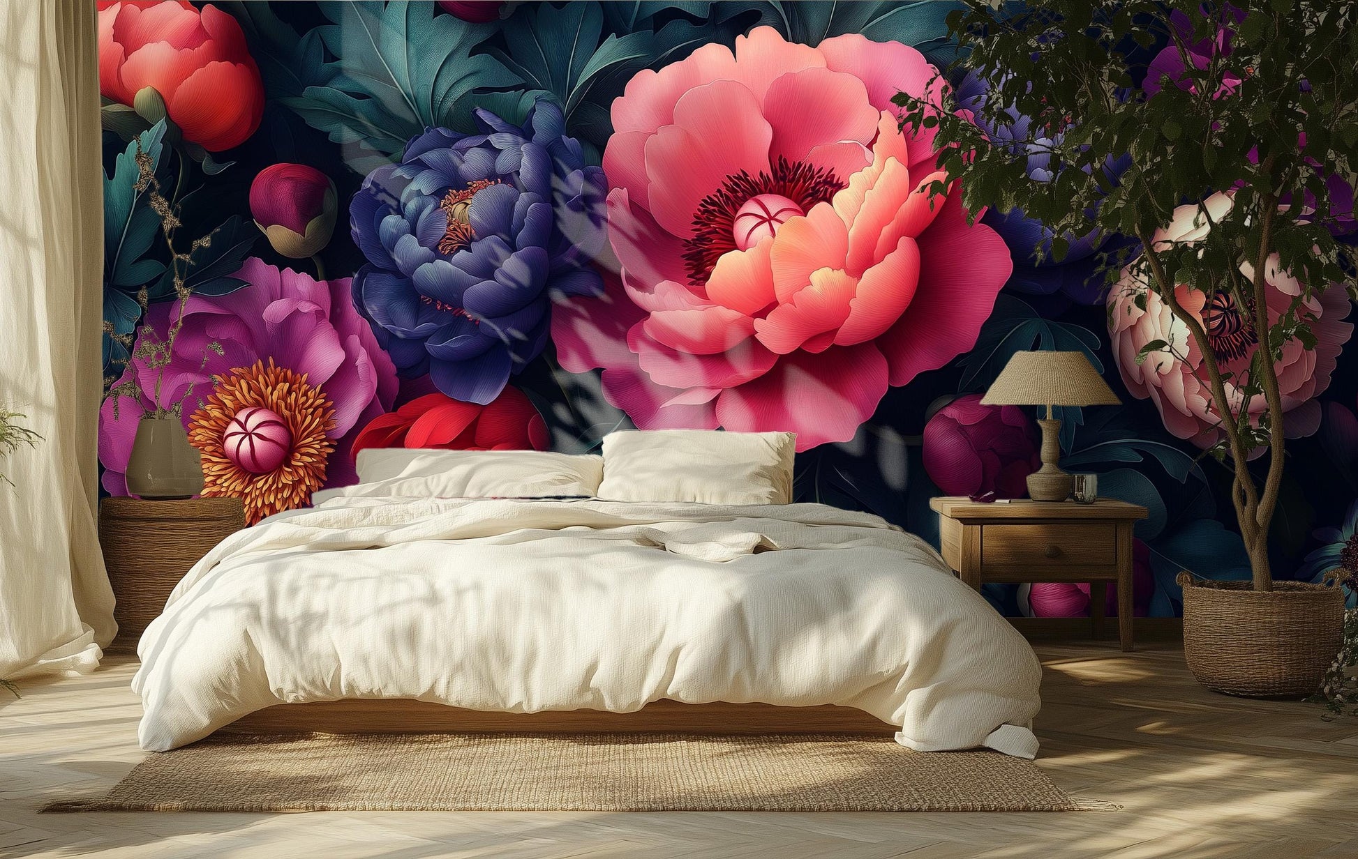 Elegant Dark Floral Romantic Floral Wallpaper – scale reference, Golden Era Walls