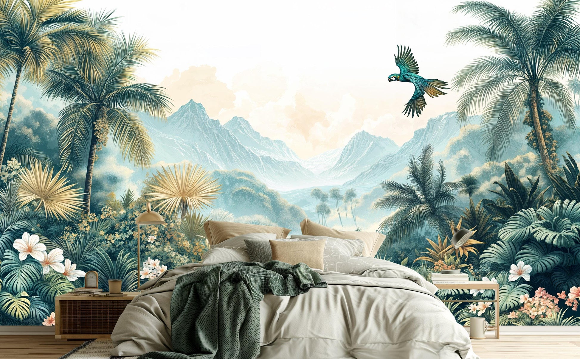 Dreamy Rainforest Lush Greenery Floral Wallpaper – room setting, Golden Era Walls